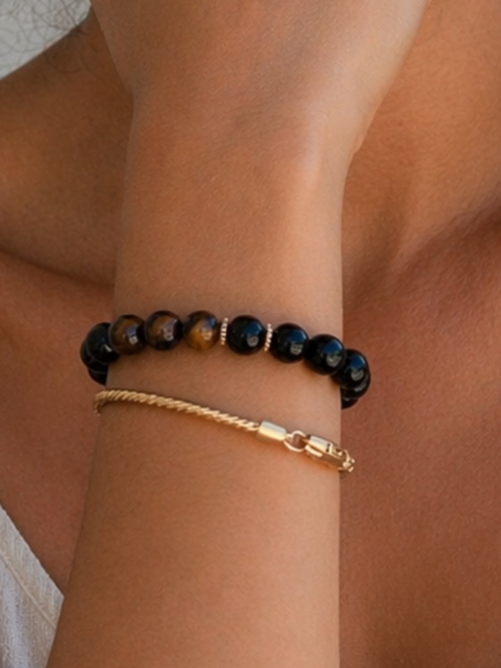 Guess Black Beaded Bracelet with Gold Rope Chain Bracelet